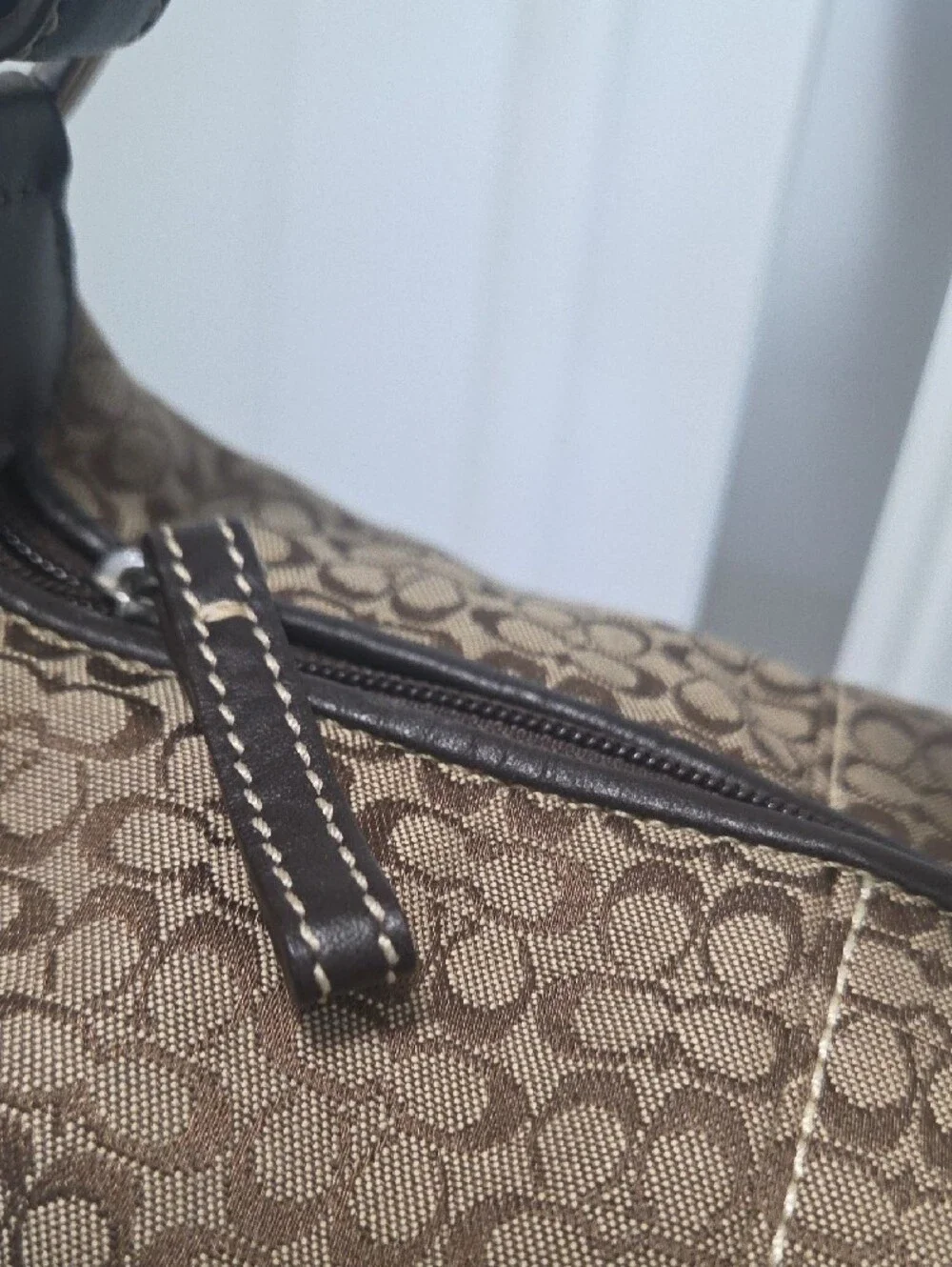 Coach Brown Signature Canvas Shoulder Bag with Leather Trim